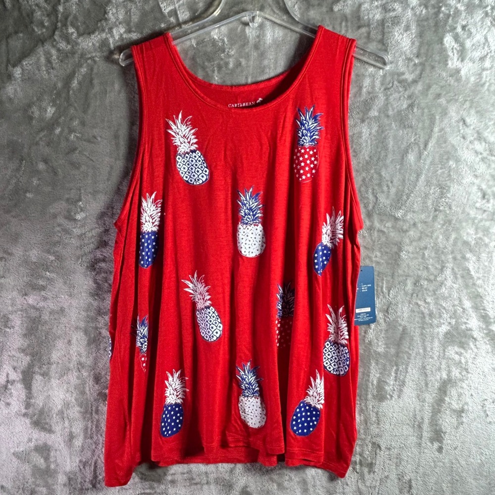 NWT Caribbean Joe Tank‎ Top L Women Red Pineapple Graphic Patriotic USA Summer